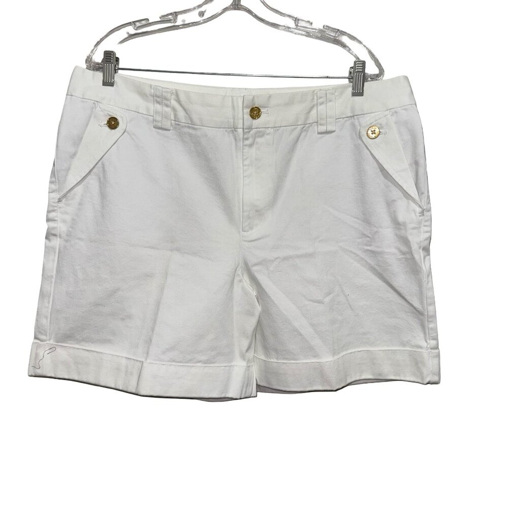 Lauren Ralph Lauren White100% Cotton Chino Shorts Cuffed Hem Gold Buttons Sz 16
